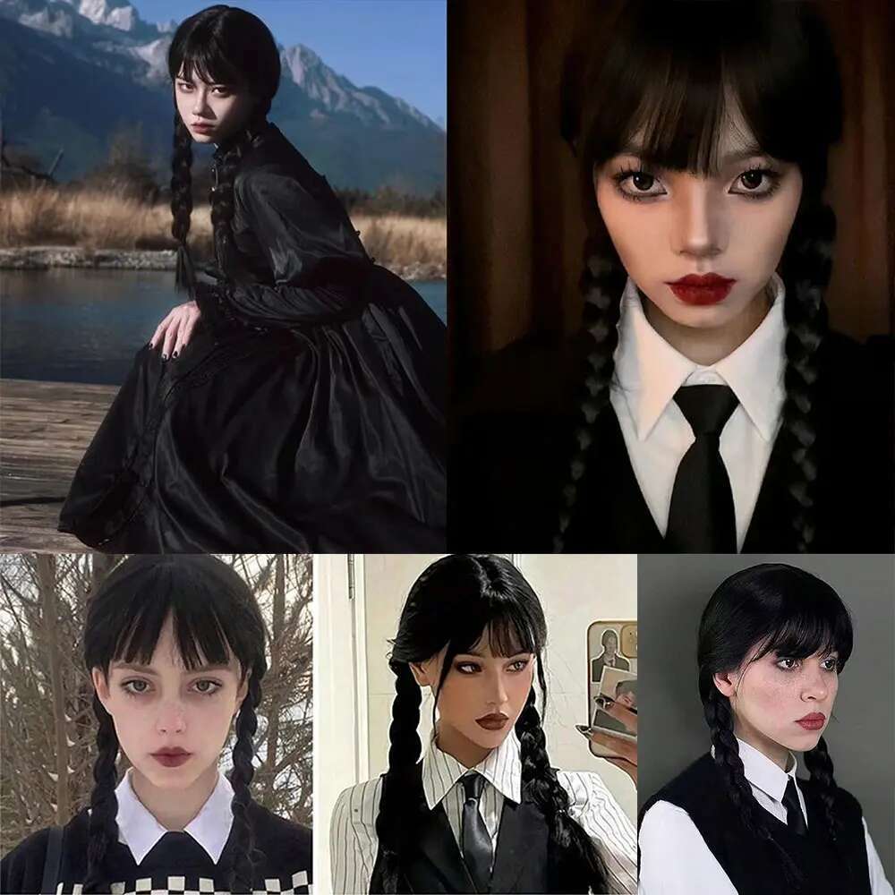 Synthetic Black Braided Pigtail Braids Halloween Costume Compatible With Wednesday Addams Wig