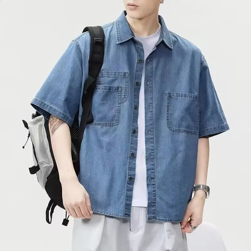GIOIODenim shirt for men2025Spring Summer Loose MultiPocket Cargo Denim Casual Shirt 250226