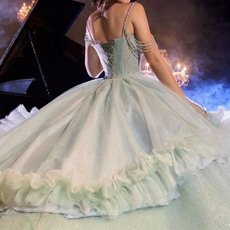 Sage Green Shiny Quinceanera Dresses Ball Gown Off Shoulder Beading Crystal Tull Tiered Sweet 16 Dress Vestidos 15 De Anos