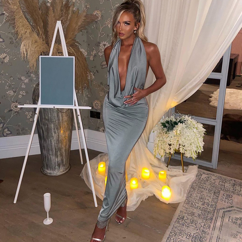 Wind New4 Summer Fashion Temperament Sexy V-Neck Hanging Neck Backless Slim Fit Sleeveless Dress