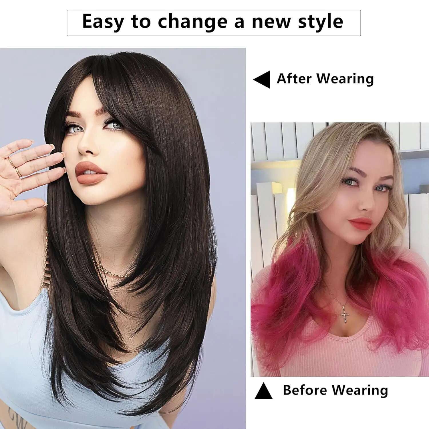 Long Synthetic Black Straight Wigs Women 22 Inch Realistic With Bangs Natural Layered Wig For Girls Daily Party