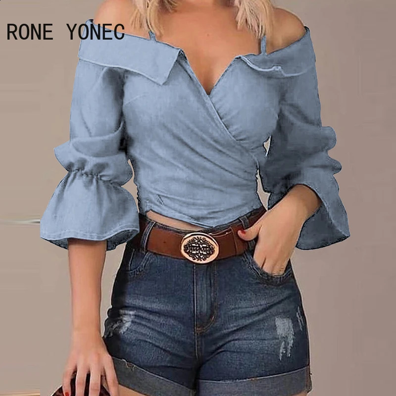 Womens Chic Off Shoulder Three Quarter Flared Sleeves Denim Summer Blouse Tops 250228