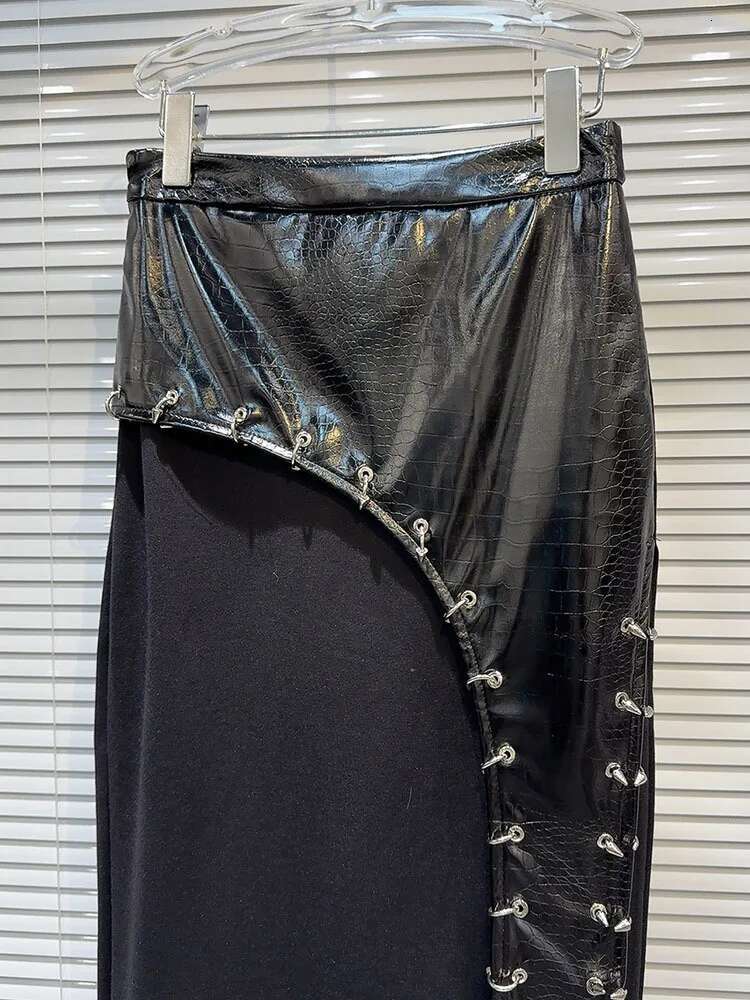 DEAT Fashion Women Strand Collar Zipper Belt Leather Jakcet Metal Circle High Waist Patchwork Skirts Female 2025 Spring 11Xx8961