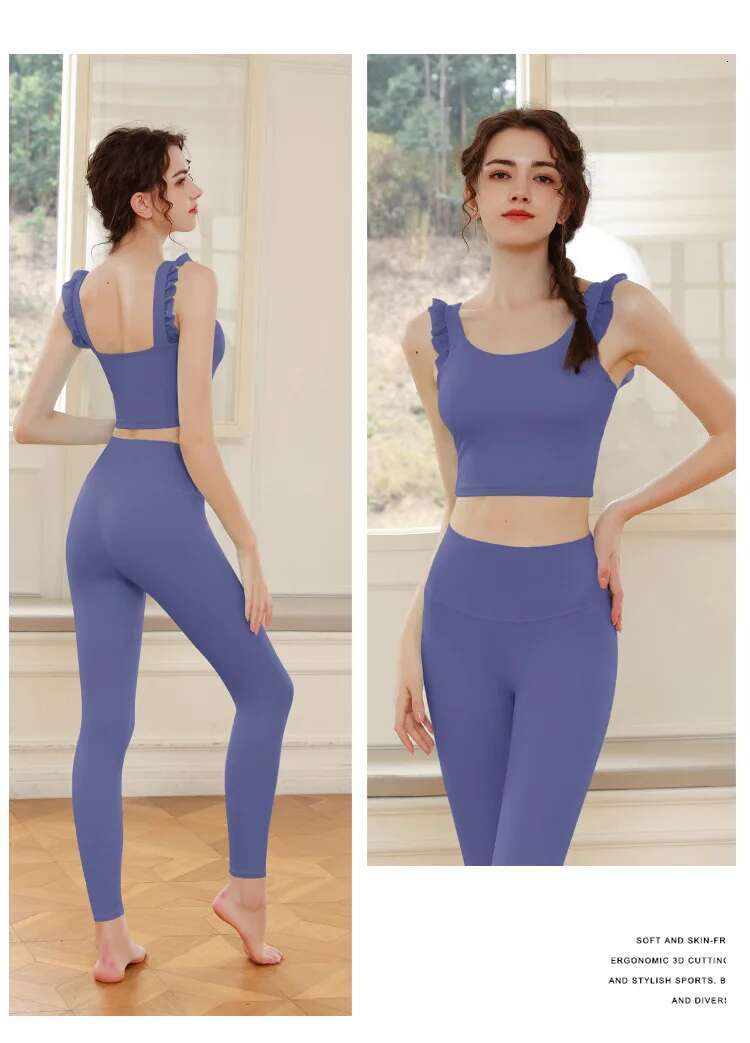 Yoga Sets Shockproof Bra With Lotus Hem High Waist Push Up Leggings Two Pieces Sports Suits Activewear Tracksuits