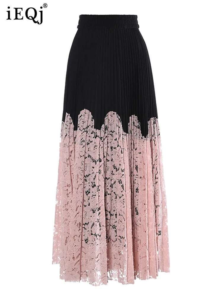IEQJ Lace Spliced Printing Pleated Skirts For Women High Waist Loose Causal Colorblock Skirt Female Fashion New Clothes 3Wq8666