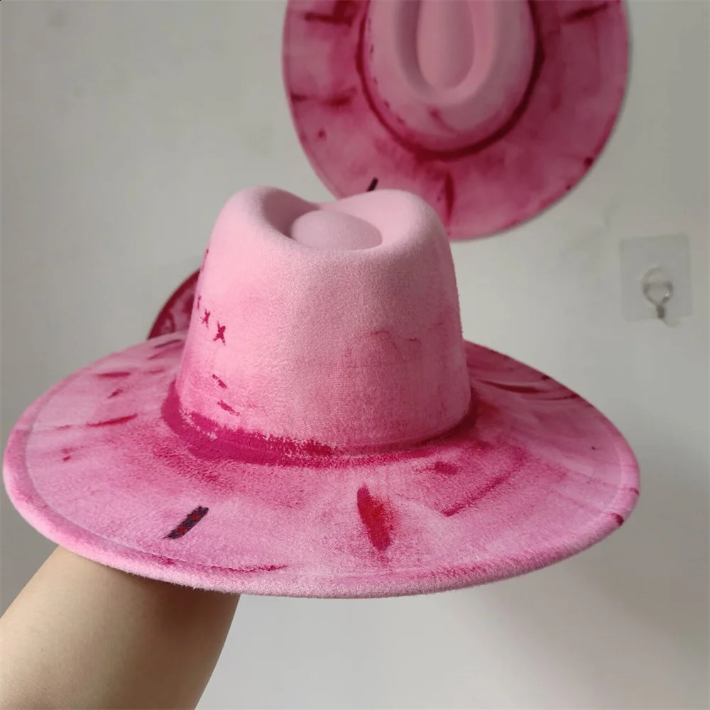 Pink painted hat retro suede fedora hat men and women fedora hat style party hat outdoor fashion travel hat DIY hat 250228