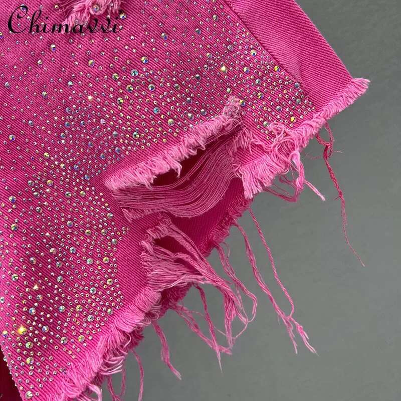 Heavy Ripped Denim Shorts Women's Hot 2023 Summer New High Waist Slimming European Color Rhie Jean Wide Leg Pants