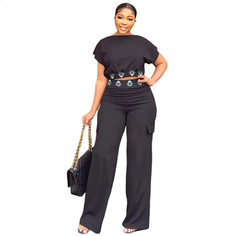 Geometric Print 2 Piece Sets Women Summer Fashion Boat Neck Short Sleeve Crop Top Casual Pocket Daily Pants Streetwear Sets 250225
