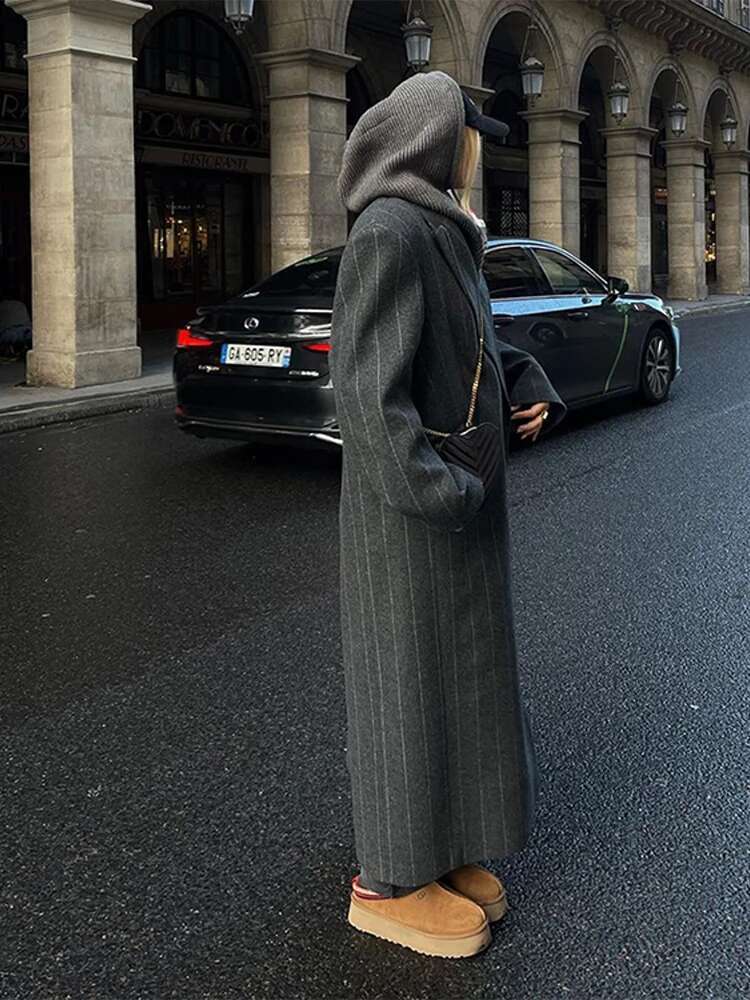 Vintage Women Stripe Woolen Overcoats Fashion Lapel Sleeves Oversized Long Coats 2024 Autumn Winter Lady Commute Jacket
