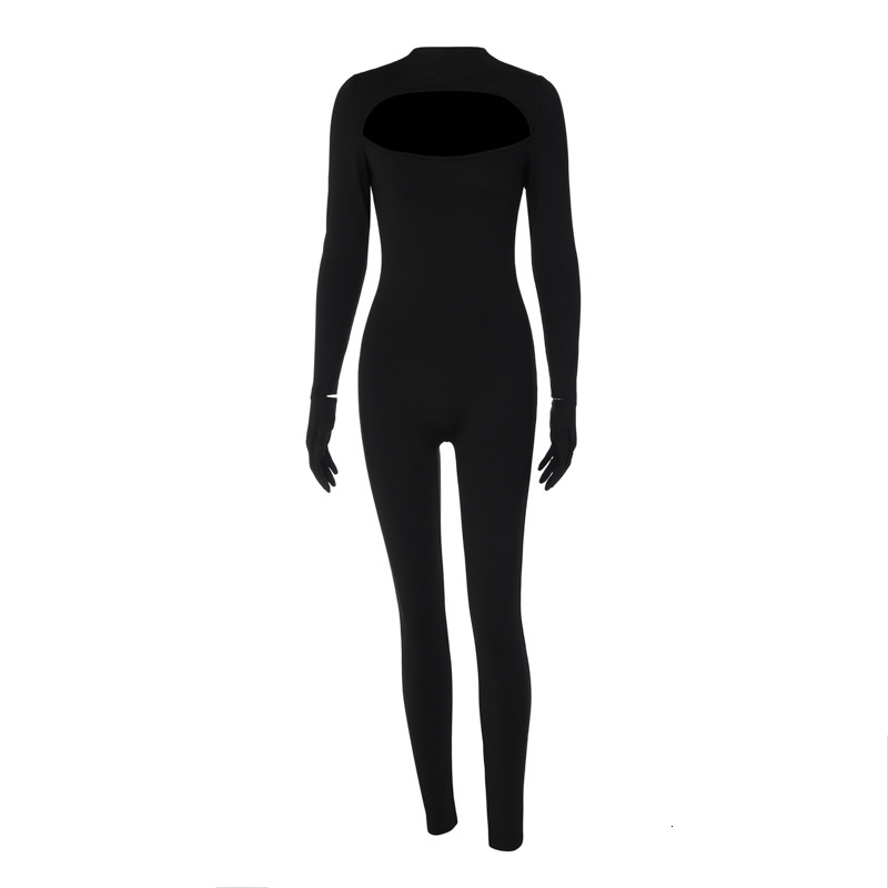 Women's New4 Spring New Fashion And Sexy Hollow Finger Cover Slim Fit Solid Color Jumpsuit