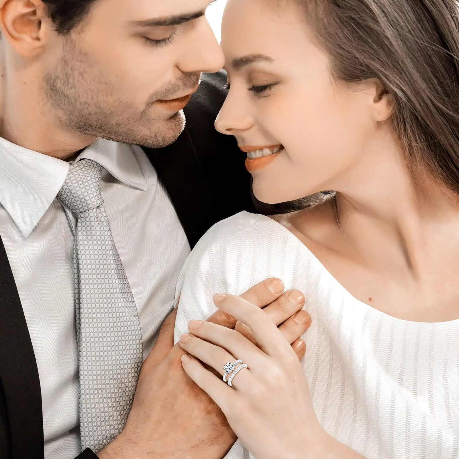 Engagement set, round with gold and stone, women's platinum gold-plated wedding sier ring