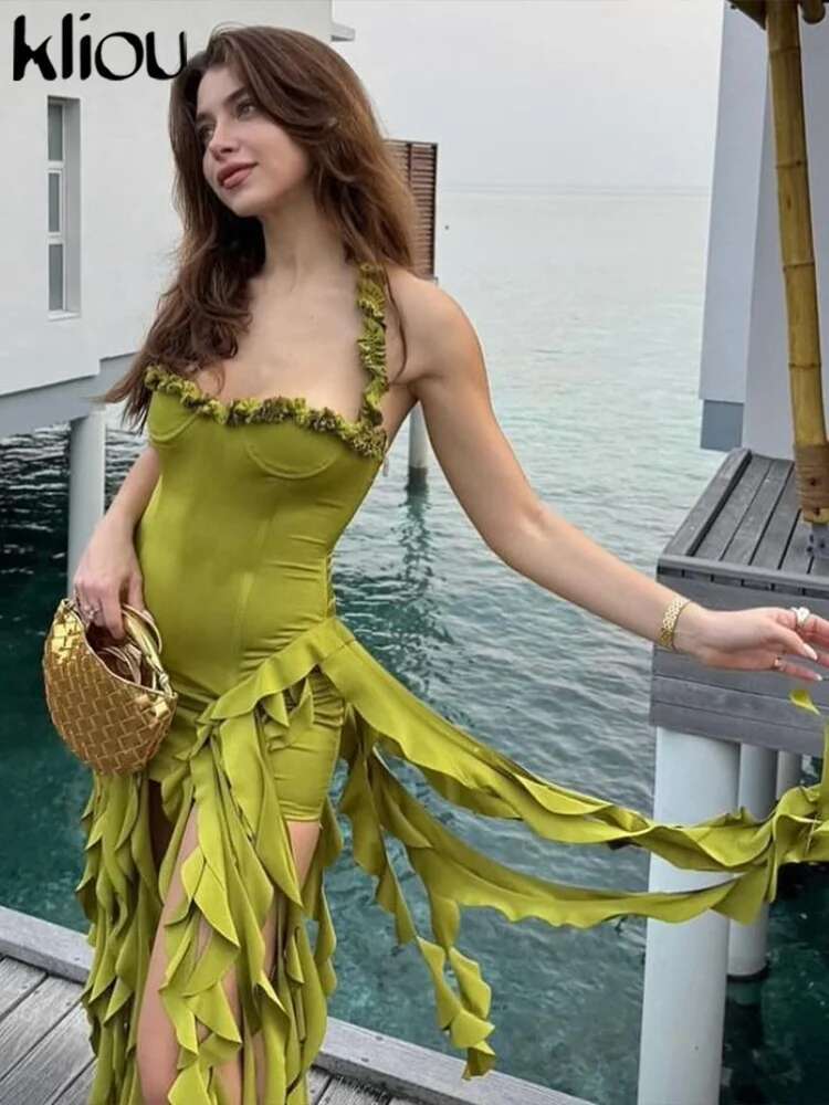 Kliou 2024 Summer New Style Women Fashion Street Shooting Pure Desire Sexy Irregular Slim With Neck Hanging Dress K24d45049