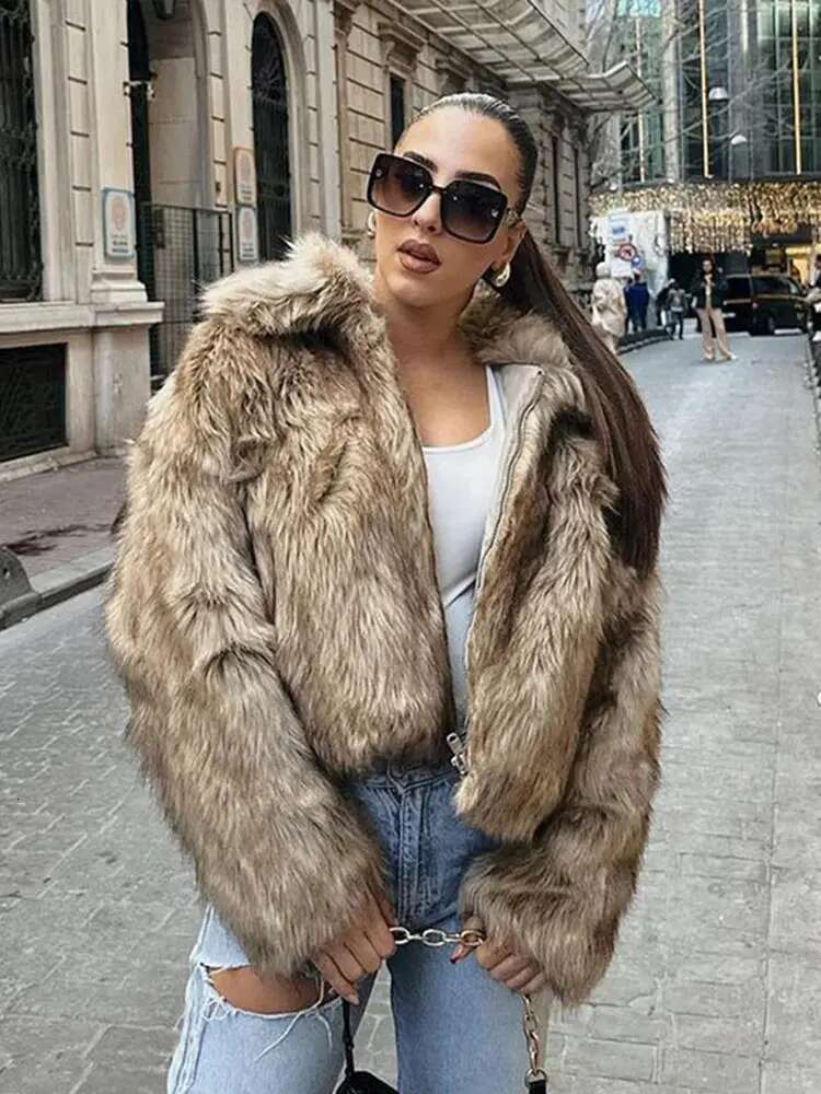 Fashion Faux Fur Coat Women Turn-down Collar Thick Zipper Warm Pocket Outwear Overcoat Fluffy Long Sleeve Ladies Jacket