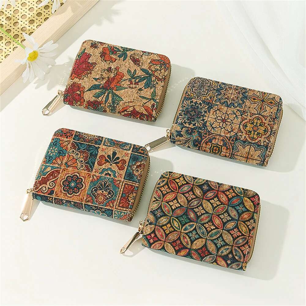 Retro Printed Short Zipper Small Wallet Portable Cork Coin Purse Multi Functional Slot Women's Card Holder Wallets