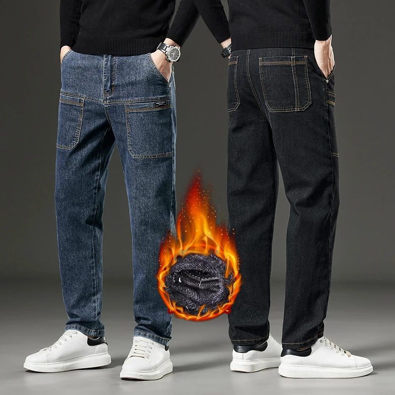 Winter Fleece Men Jeans Cargo Denim Pants Thicken Warm Korea Fashion Pocket Denim Pants Straight Plush Jean Womens Streetwear 250226