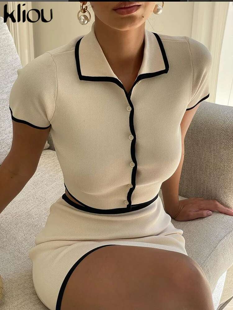 Kliou Casual Office 2 Piece Set Women Concise Single Breasted Lapel Striped Panelled Tops+Slim Skirts Female Coordinate Outfits