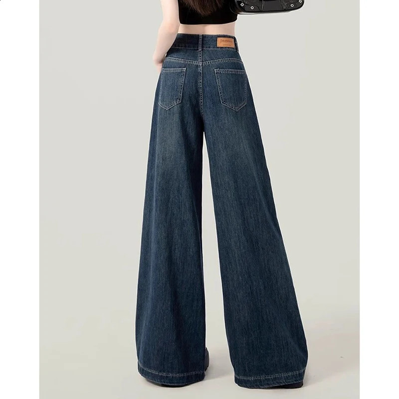 Dark Blue Jeans Women High-Waisted Vintage Loose Lazy Harajuku Wide-Leg Pants Y2K Korean Pocket High Street Female Denim 250225