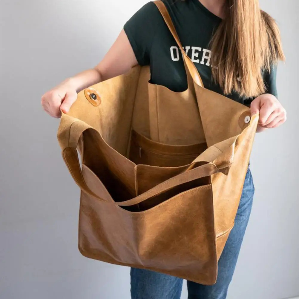 Oversized Tote Bag Solid Color Large Capacity Shoulder Bag Leather Vintage Foldable Tote Vacation Handbag 250305