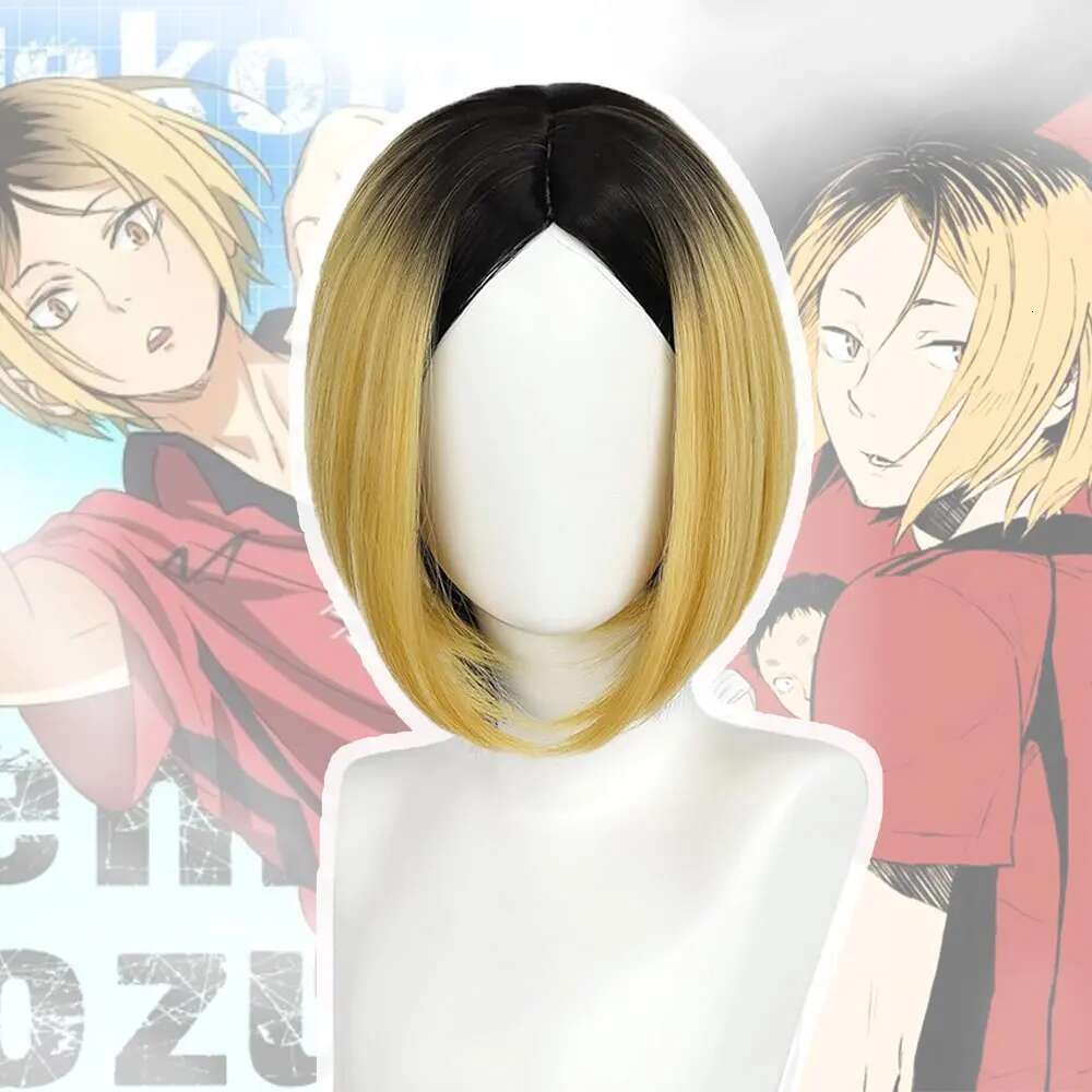 Kozume Kenma Synthetic Men Haikyu Short Straight Black To Gold Anime Cosplay Wig For Halloween