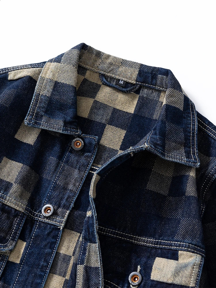 Vintage Loose Denim Jacket with Grid Pattern - High-End American Casual Jean Coat for Men 250228