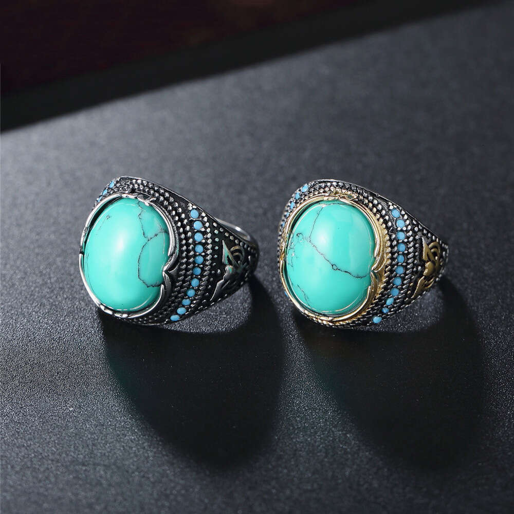 Feiyu turquoise, exaggerated personality, silver plated gold two-color men's fashion bracelet ring, ring