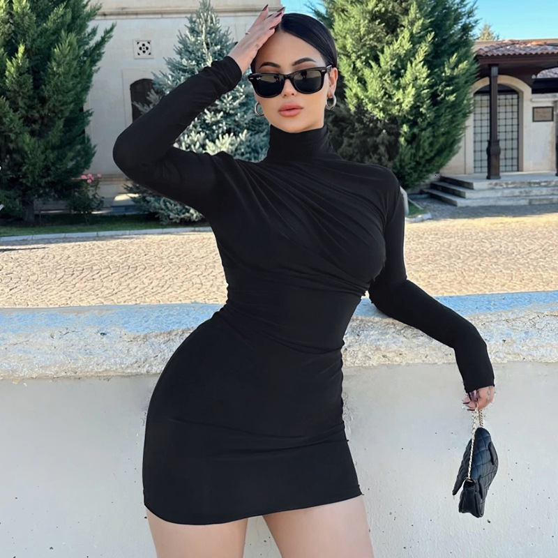 Hot Selling Women's Clothing New4 Spring New Product Fashionable Solid Color Pleated Slim Fit Wrap Buttocks Dress