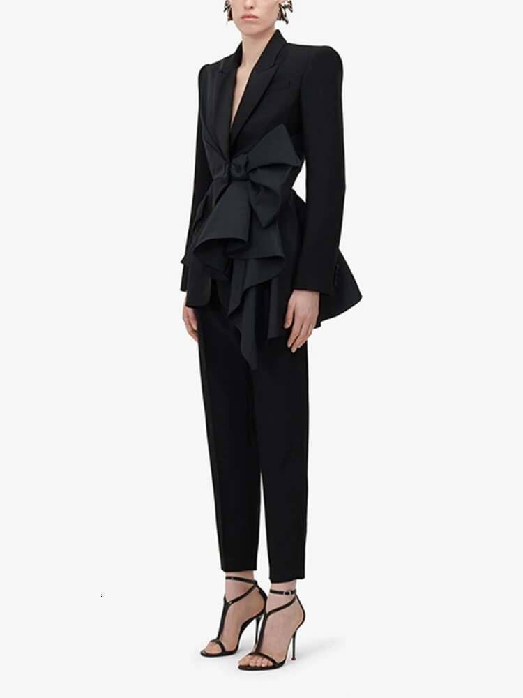 TWOTWINSTYLE Solid Spliced Bowknot Hollow Out Blazer For Women Notched Collar Long Sleeve Tunic Temperament Blazers Female New