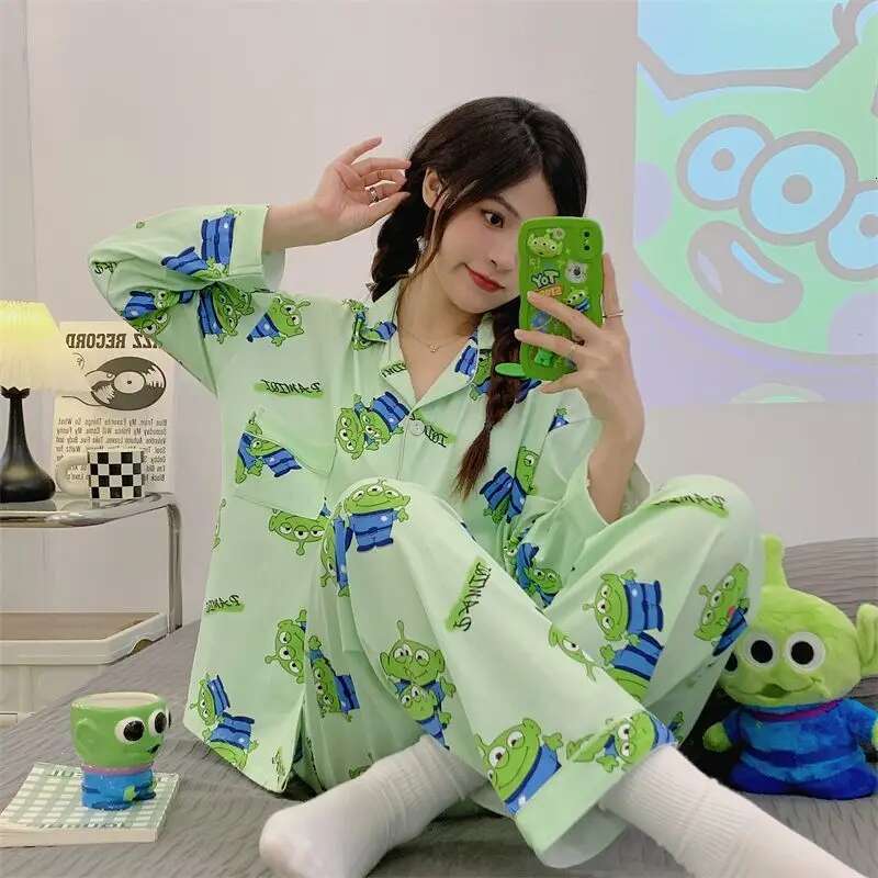 2025 New Cartoon Alien Cute Spring and Autumn Versatile Fashion Designer Men and Women Can Wear Long Sleeve Home Pamas Set