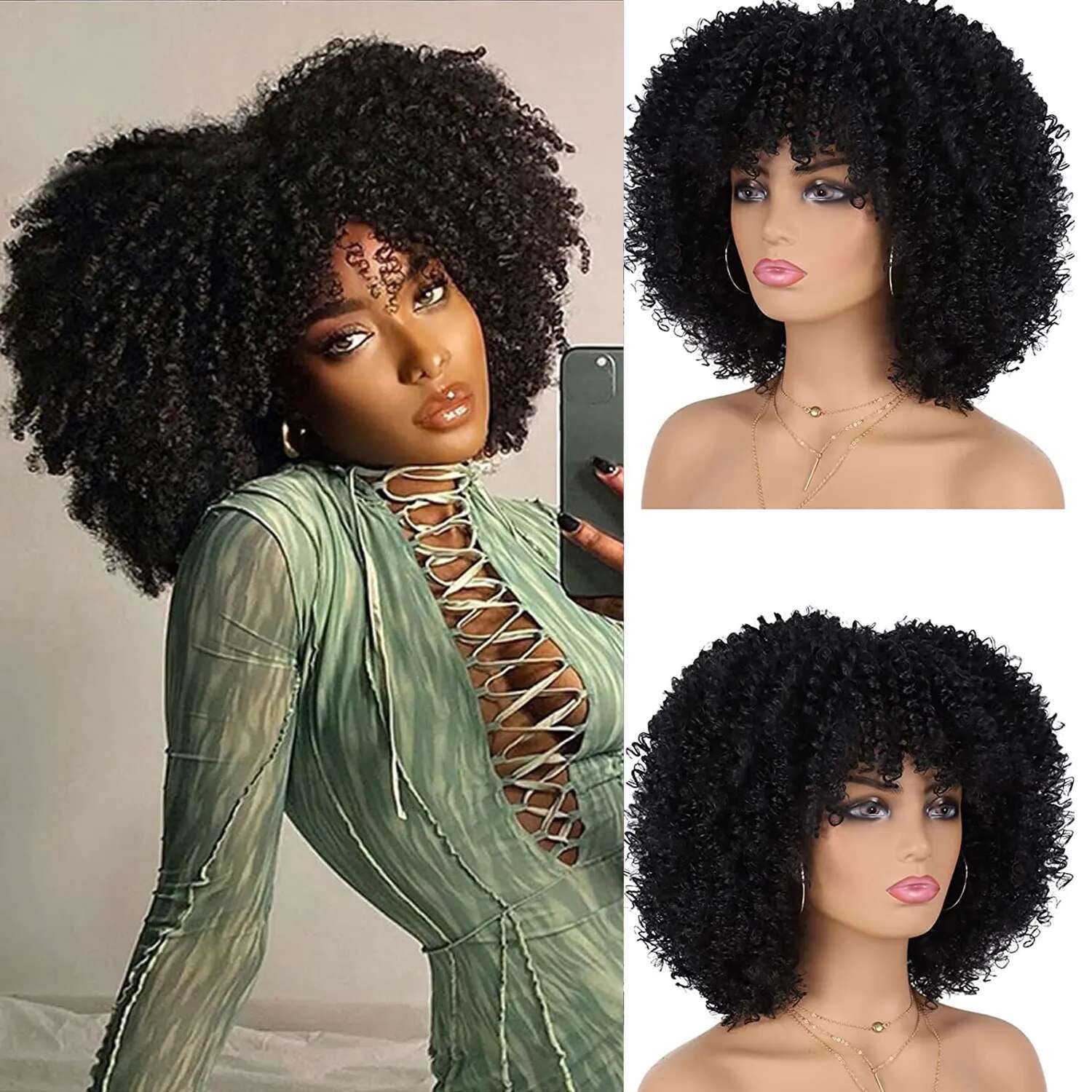 Short Synthetic With Bangs Wigs 12 Inch Natural Afro Kinky Curly Hair Wig For Daily Party