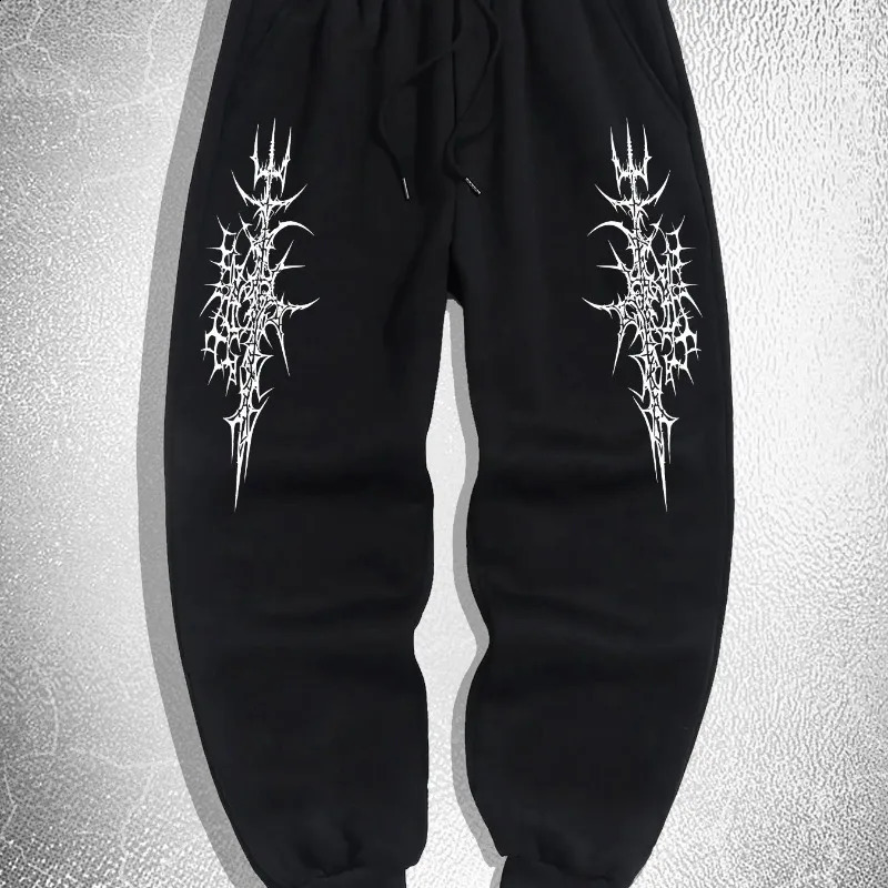 Mens Gothic style Thorn print casual sports pants - Comfortable fit drawstring waistband polyester blend perfect choice for 250228