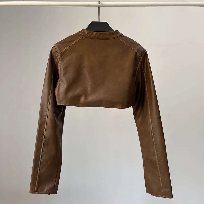 Black Brown Biker Faux Leather PU Spicy Girl Smock Cropped Zipper Jackets Short Coat Women Rave Outfits Kpop Streetwear