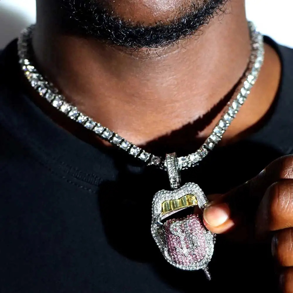 Iced Out Crazy Dollar Blazing Tongue Creative Pendant Full Shiny Colored CZ Necklace Hip Hop Charm Jewelry for Men Women 250228