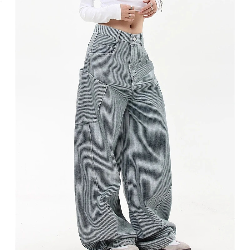 American Vintage Stripe Denim Jeans Women Hip Hop Loose Lazy Dance Trousers Fashion Harajuku Y2K Streetwear Cargo Wide Leg Pants 250225