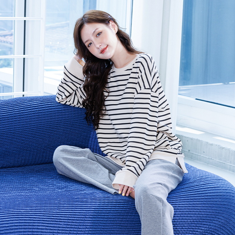 B739-Autumn and winter cotton black striped long-sleeved suit pajamas ladies loose cotton home clothes