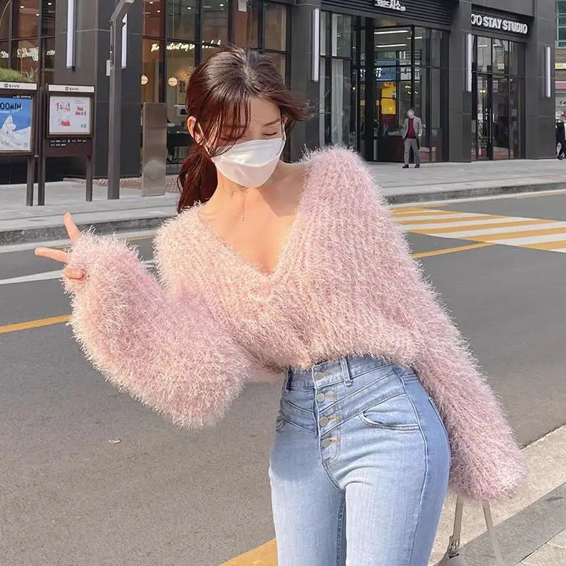 Womens Yellow Mink Cashmere Knitted Cardigan Vneck Velvet Mohair Sweater Coat Longsleeved Wild Plush Singlebreasted Crop Tops 250225