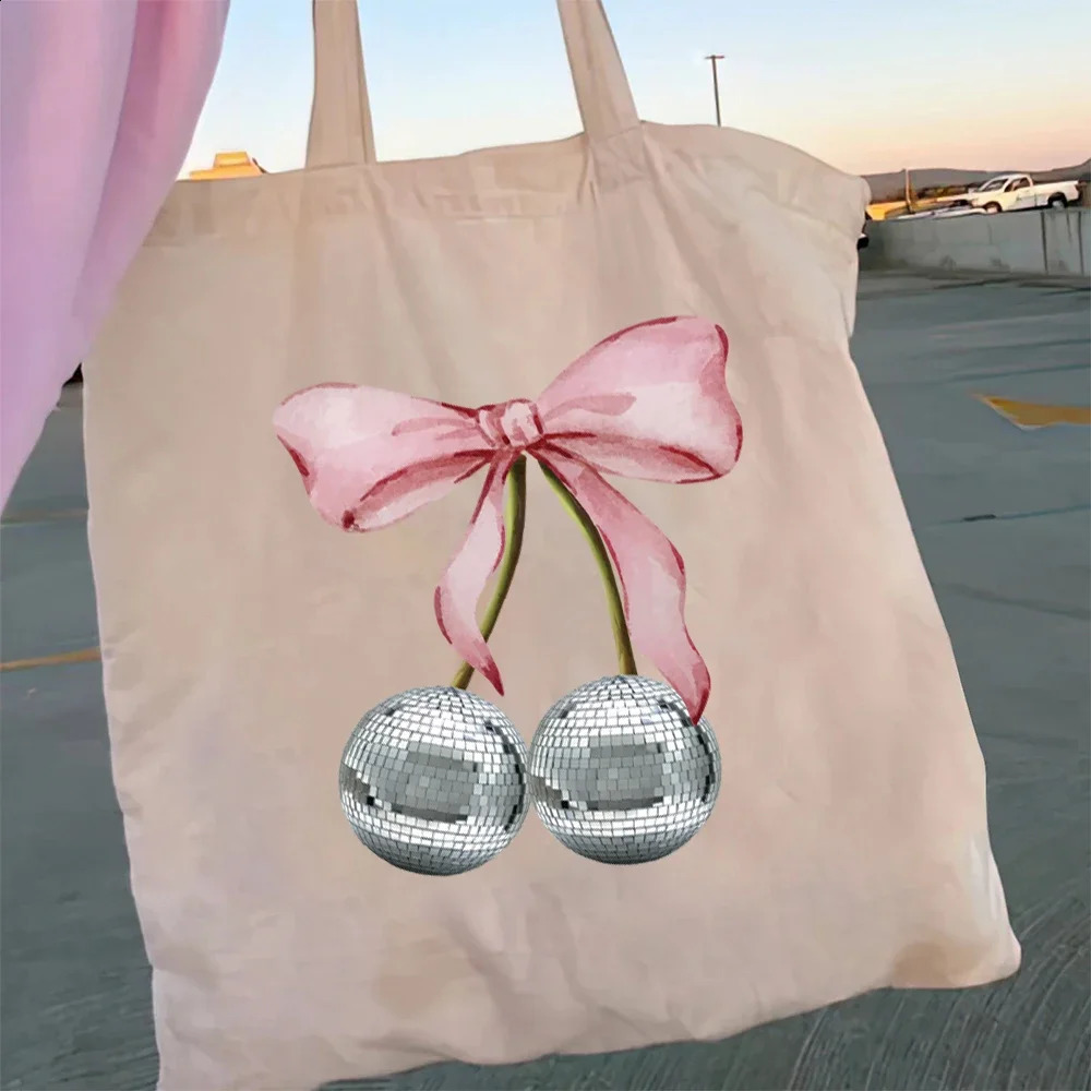 1pc Women Canvas Shoulder Cherry Pattern Shopper Fabric Handbag Students Books Bag Shopping Handbags Tote For Girl 250221