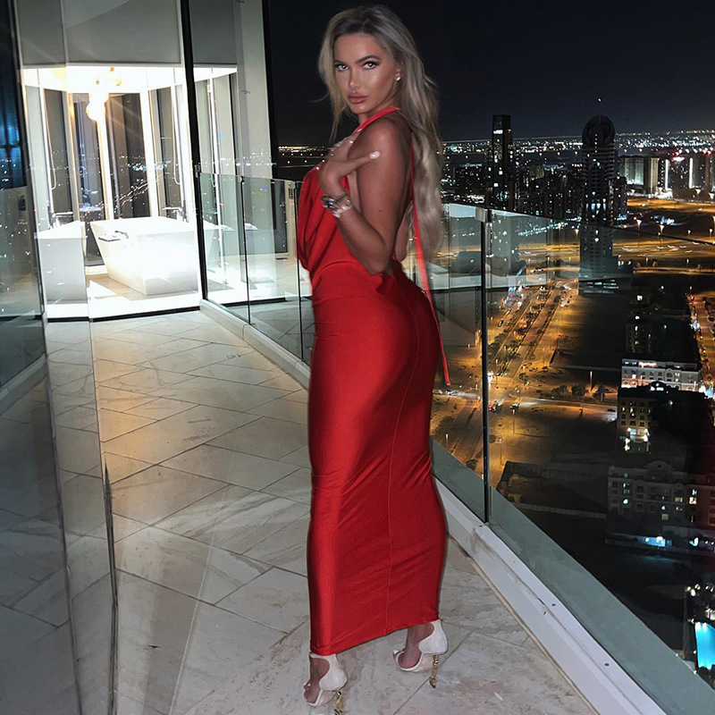 Wind New4 Summer Fashion Temperament Sexy V-Neck Hanging Neck Backless Slim Fit Sleeveless Dress