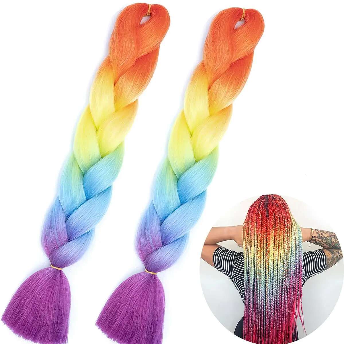 24 Inch Synthetic Ombre Jumbo Braiding For Twist Box Braids Pre Stretched Crochet Rainbow Colorful Hair Extensions