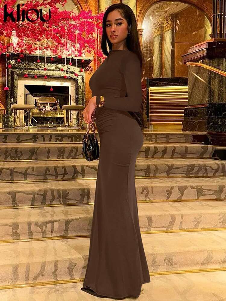 Kliou Earlier Autumn Women Dresses Casual Solid Full Sleeve Round Neck Shirring Sheath Vestidos Mujer Classic Street Club Robe