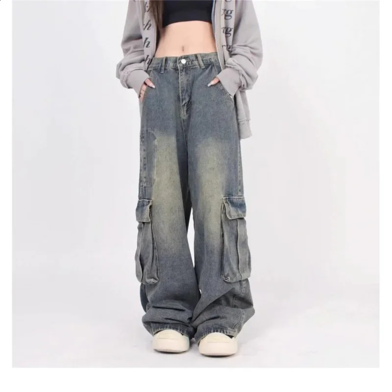 Vintage American Style Distressed Jeans Autumn Men Womens Couple High Street Multi-Pocket Draped Casual Work Trousers 250226