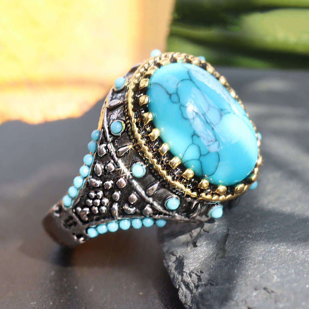 Personalized ethnic style turquoise men's alloy electroplating two-color ring bracelet