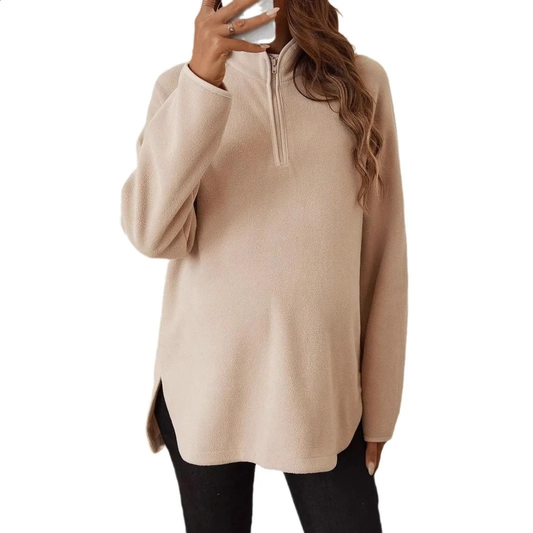 Pregnant womens clothing T-shirt for autumn and winter fashionable plain weave zipper loose long sleeved T-shirt for pregnant women 250228