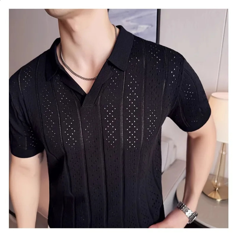 Minglu Knitted V Collar Mens Polo Shirts Spring Summer Short Sleeve Solid Color Hollow Out Casual Male T-shirts Man Tees 250228