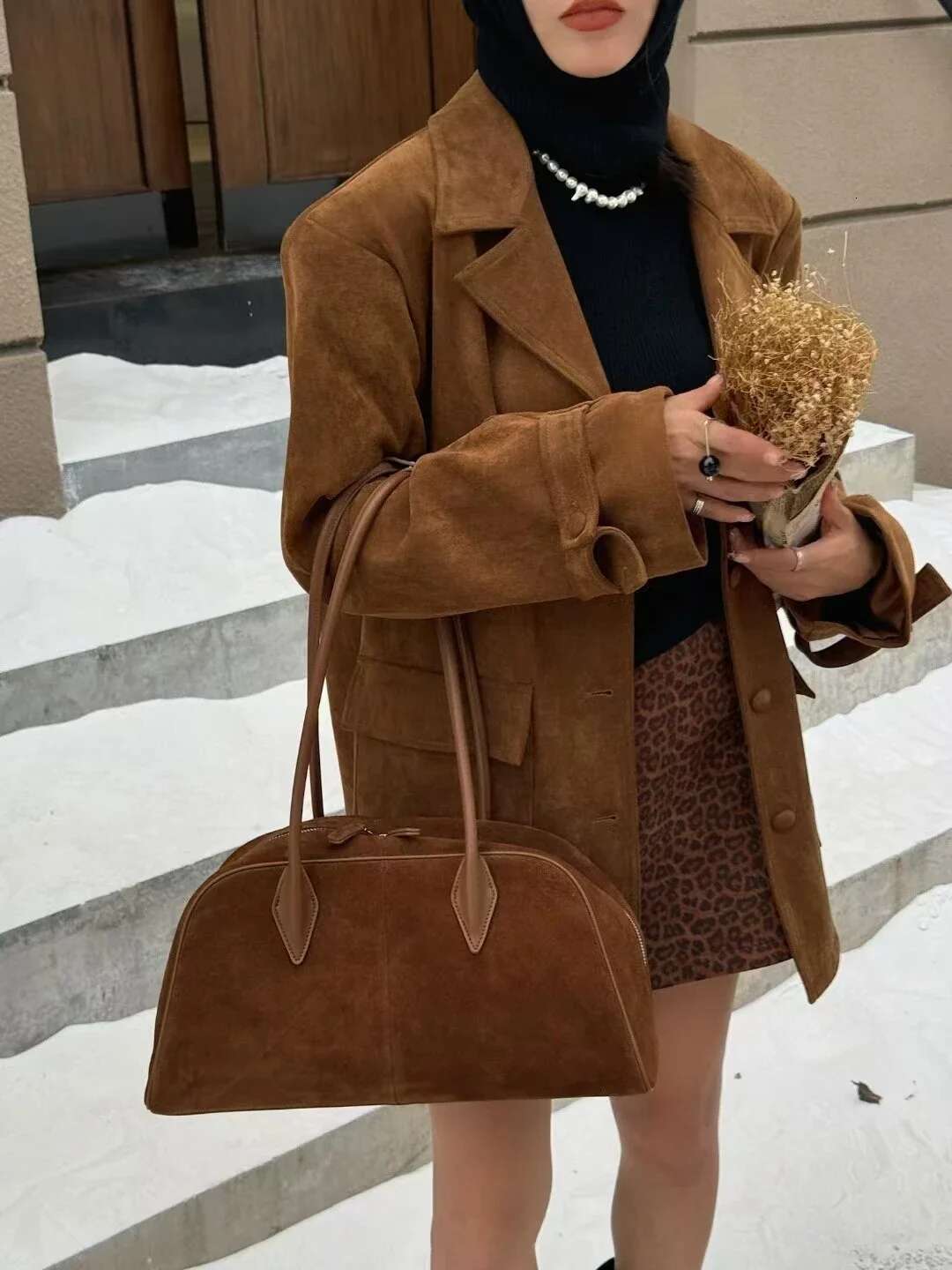 Vintage England Stylish Matte Coffee Color Boston Tote Genuine Suede Leather Women Top-Handle Handbag Leisure Daily Shoulder Bag