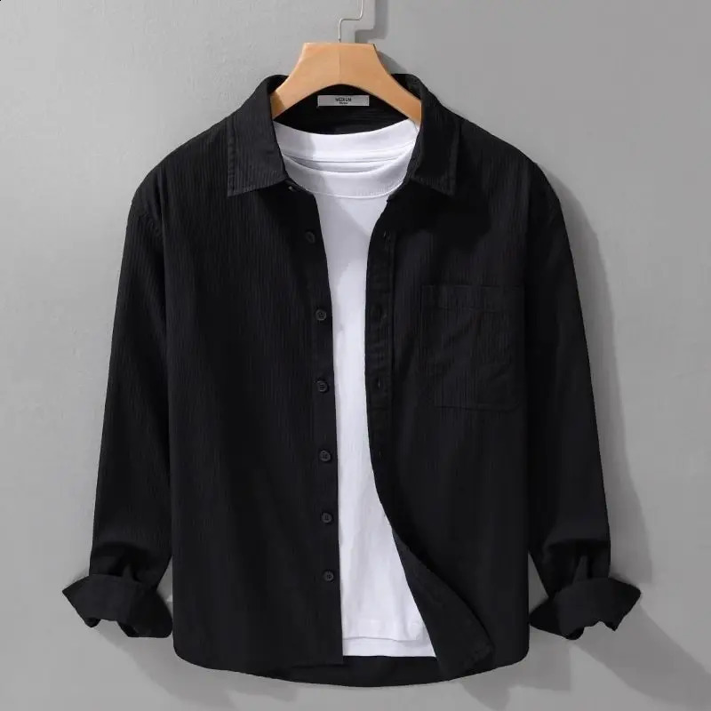 Japanese Men Long-sleeved Shirt Spring and Autumn Simple Trend Solid Color Cardigan Loose Casual and Versatile 250225