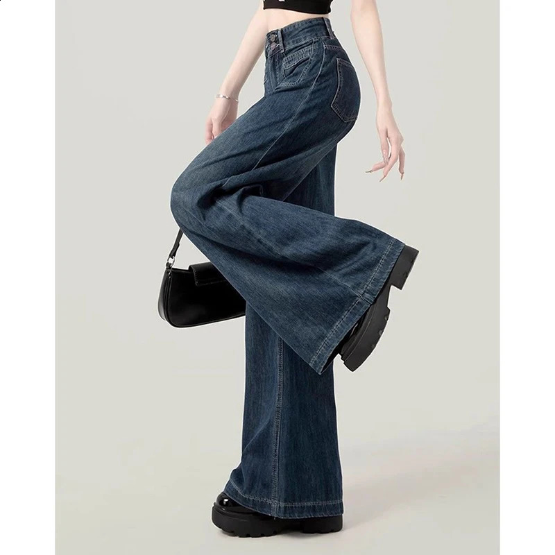 Dark Blue Jeans Women High-Waisted Vintage Loose Lazy Harajuku Wide-Leg Pants Y2K Korean Pocket High Street Female Denim 250225