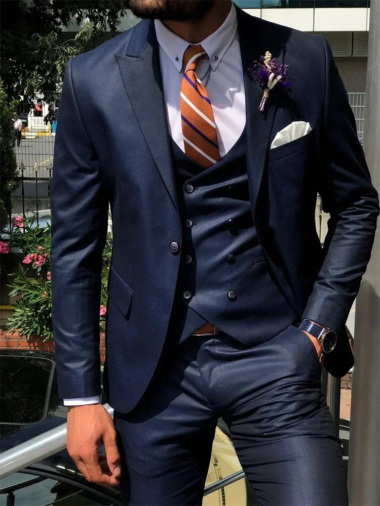Dark Blue 3 Piece Slim Men Fashion Suit Cutsom Groom Wedding Tuxedo Prom Tailor Made Costume Homme Mariage 250227