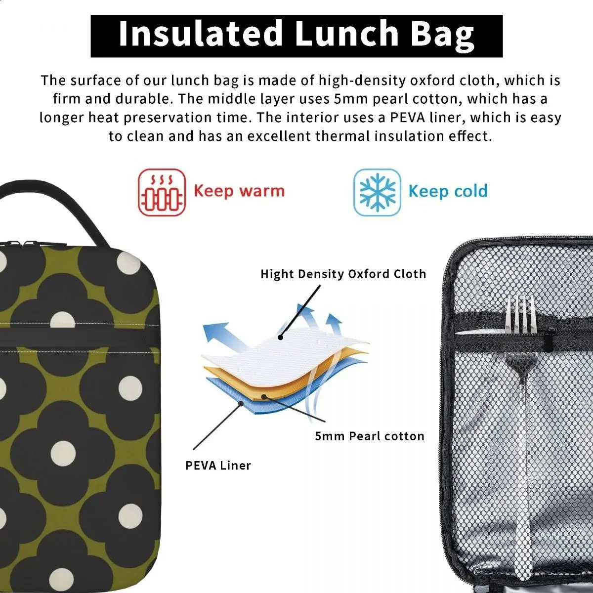 Orla Kiely Insulated Lunch Tote Bag Portable Flower Lunch Container Reusable Thermal Cooler Bento Box School 250228