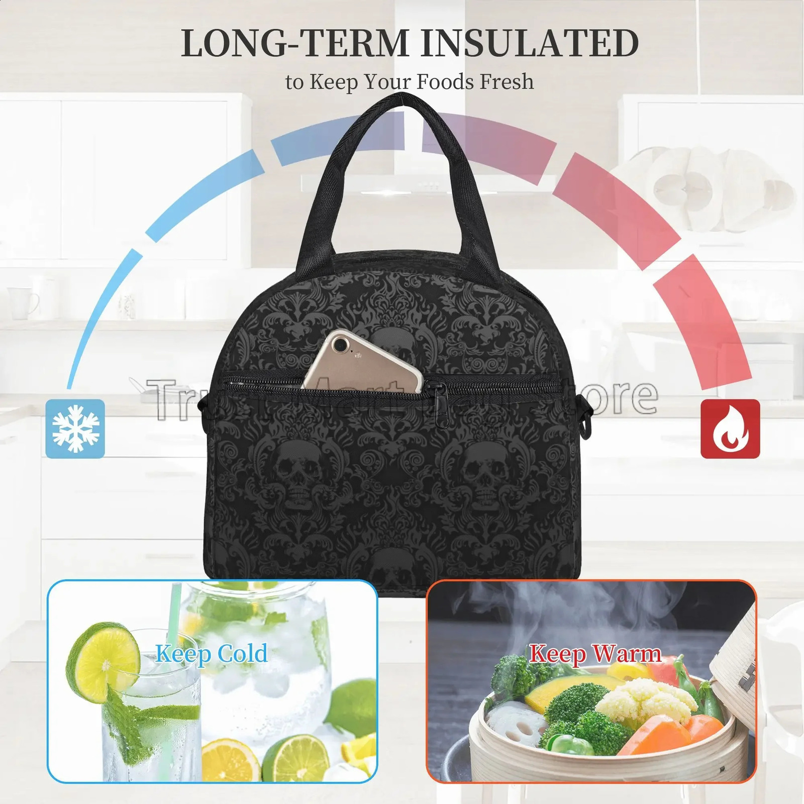 Gothic Black Skull Damask Insulated Lunch Bag Unisex Lunch Box with Detachable Shoulder Strap Reusable Thermal Cooler Tote Bag 250228
