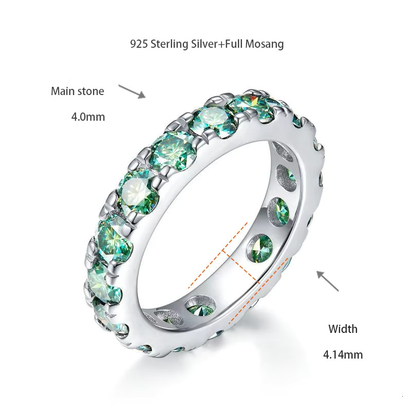 Full circle S sier gold-plated 4mm blue-green moissanite ring, fashionable style, men's and women's international trade